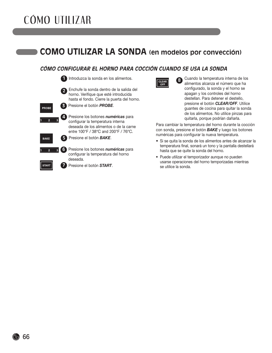 Cómo utilizar, Como utilizar la sonda, En modelos por convección) | LG LRG30855ST User Manual | Page 66 / 142