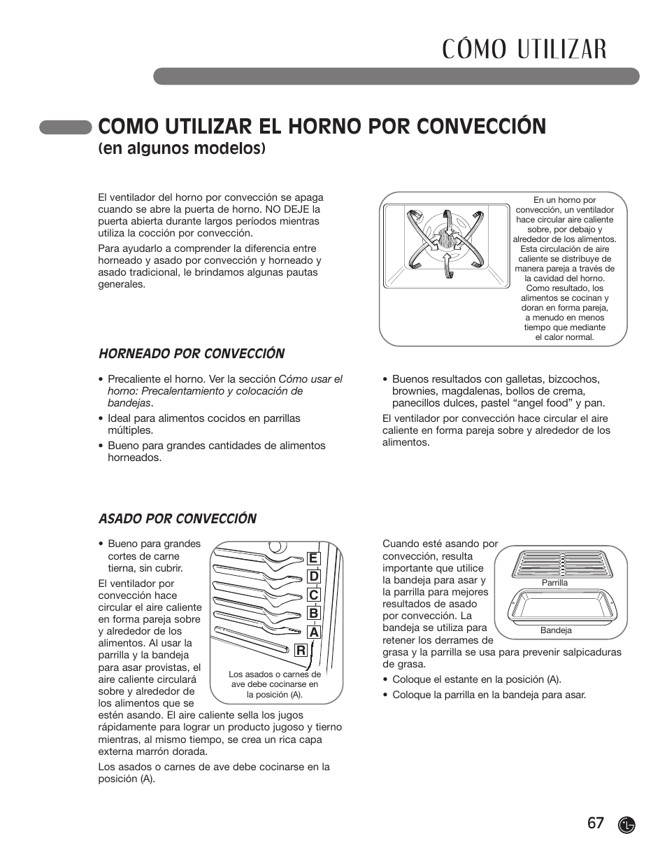 Cómo utilizar, Como utilizar el horno por convección, En algunos modelos) | Horneado por convección, Asado por convección | LG LRG30855ST User Manual | Page 67 / 142