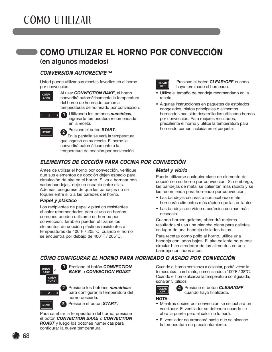 Cómo utilizar, Como utilizar el horno por convección, En algunos modelos) | LG LRG30855ST User Manual | Page 68 / 142