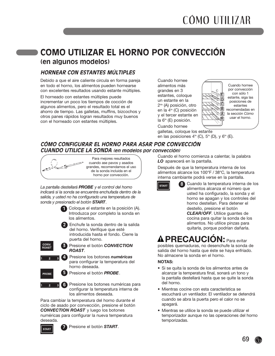 Cómo utilizar, Precaución, Como utilizar el horno por convección | En algunos modelos), Hornear con estantes múltiples | LG LRG30855ST User Manual | Page 69 / 142