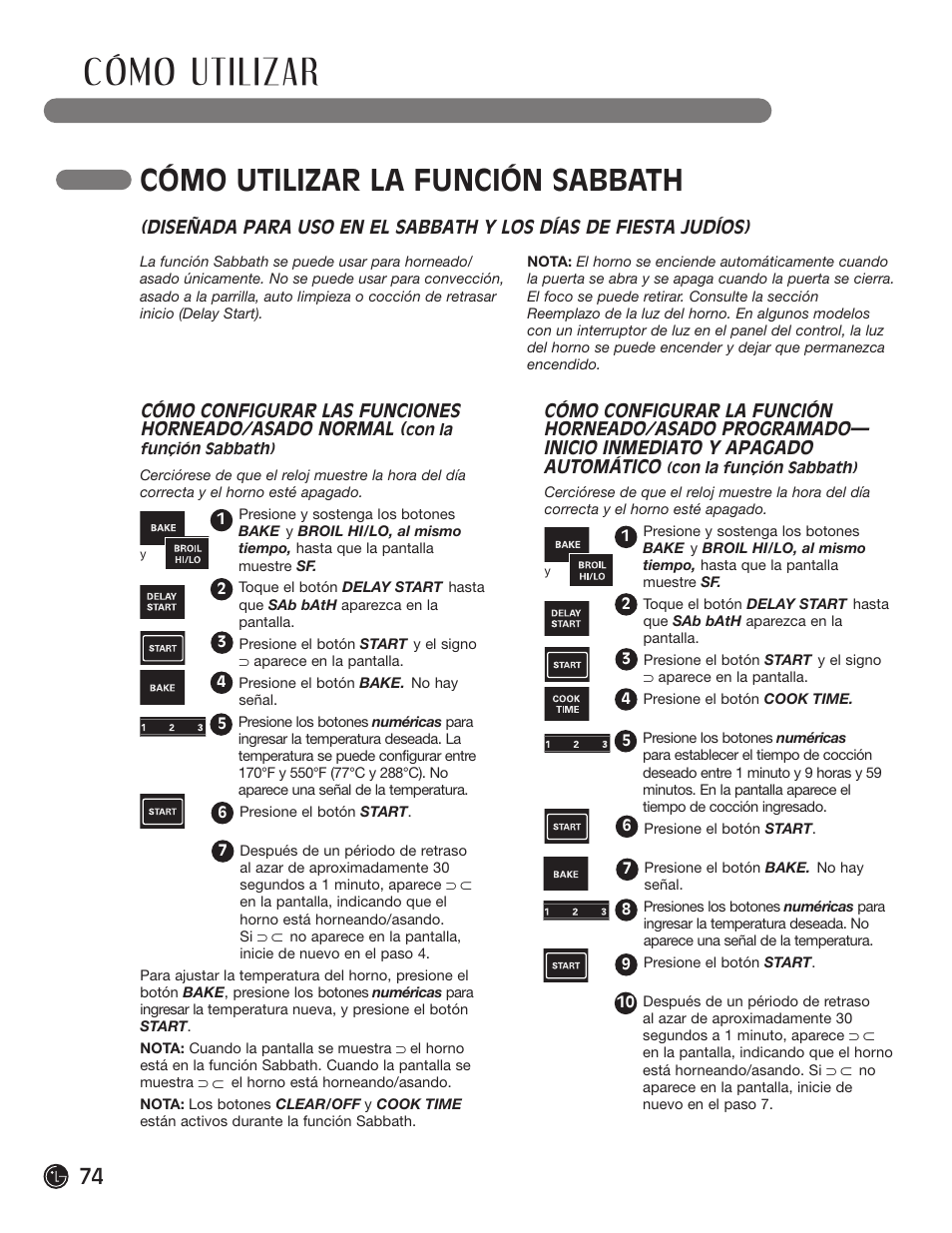 Cómo utilizar, Cómo utilizar la función sabbath | LG LRG30855ST User Manual | Page 74 / 142