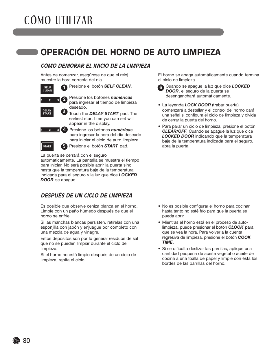 Cómo utilizar, Operación del horno de auto limpieza | LG LRG30855ST User Manual | Page 80 / 142