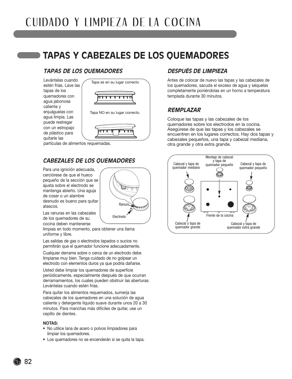 Tapas y cabezales de los quemadores, Tapas de los quemadores, Cabezales de los quemadores | Después de limpieza, Remplazar | LG LRG30855ST User Manual | Page 82 / 142