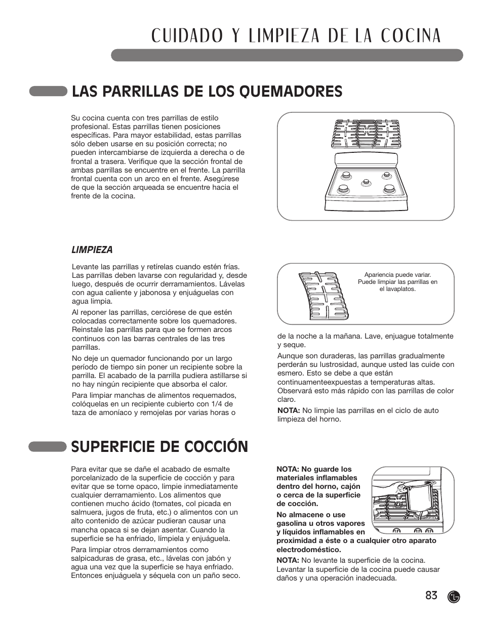 Las parrillas de los quemadores, Superficie de cocción | LG LRG30855ST User Manual | Page 83 / 142
