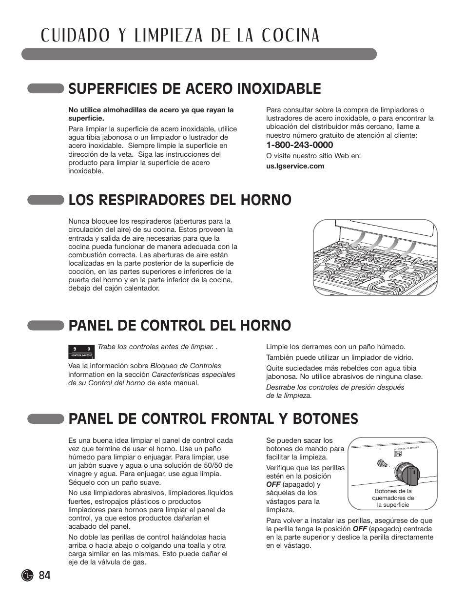 Superficies de acero inoxidable, Los respiradores del horno, Panel de control del horno | Panel de control frontal y botones | LG LRG30855ST User Manual | Page 84 / 142
