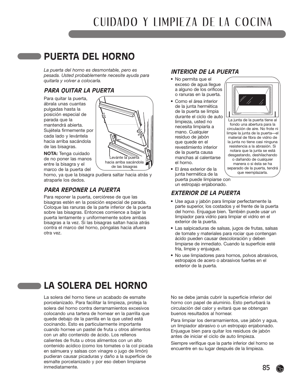 Puerta del horno, La solera del horno, Para quitar la puerta para reponer la puerta | Interior de la puerta exterior de la puerta | LG LRG30855ST User Manual | Page 85 / 142