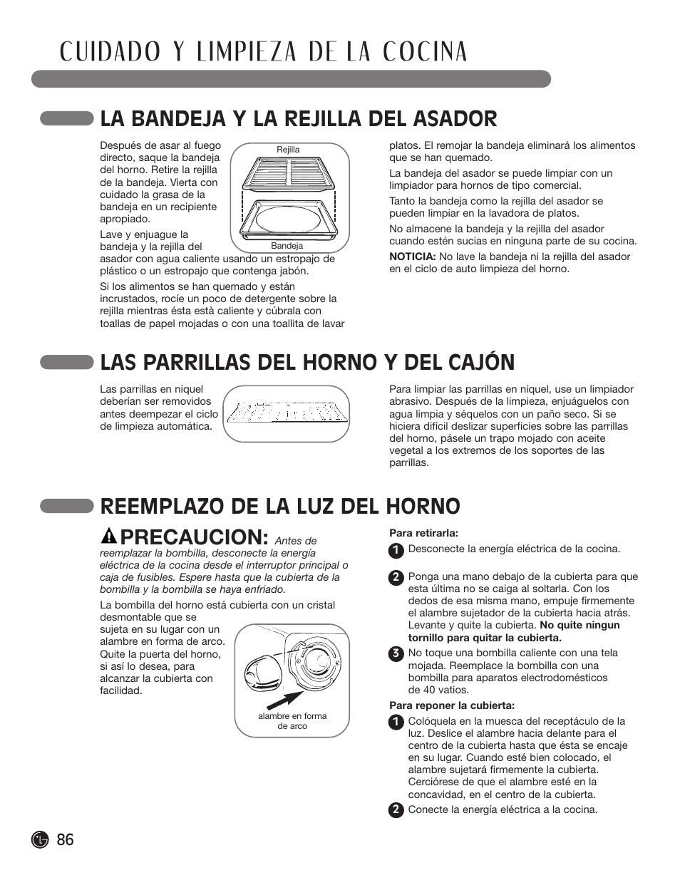 La bandeja y la rejilla del asador, Las parrillas del horno y del cajón, Reemplazo de la luz del horno precaucion | LG LRG30855ST User Manual | Page 86 / 142