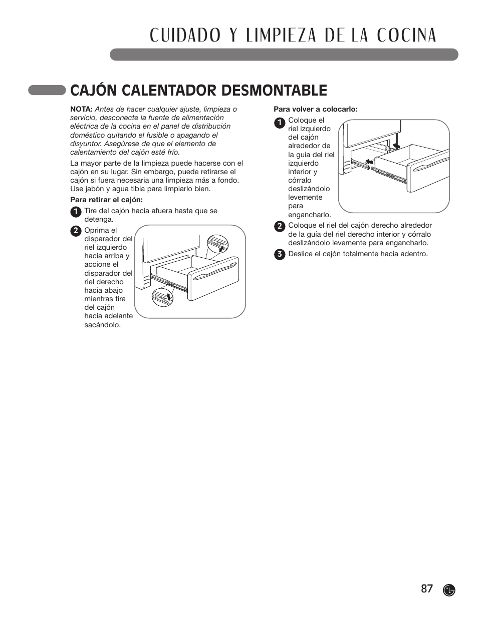 Cajón calentador desmontable | LG LRG30855ST User Manual | Page 87 / 142