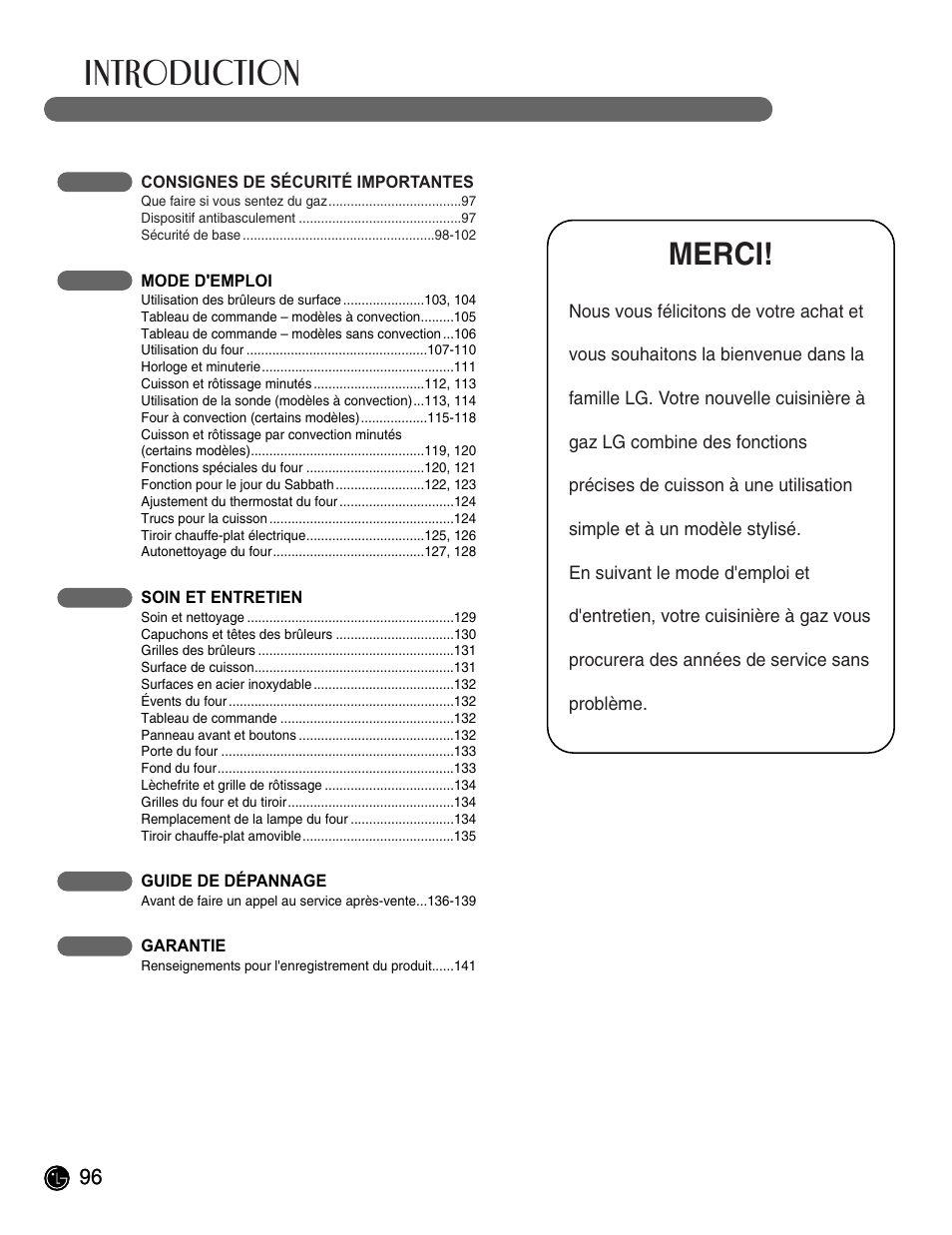 Introduction, Merci | LG LRG30855ST User Manual | Page 96 / 142