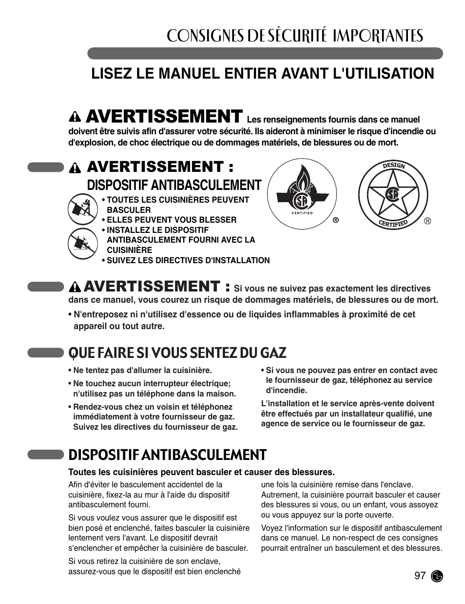 Consignes de sécurité importantes, Lisez le manuel entier avant l'utilisation, Avertissement | Que faire si vous sentez du gaz, Dispositif antibasculement | LG LRG30855ST User Manual | Page 97 / 142
