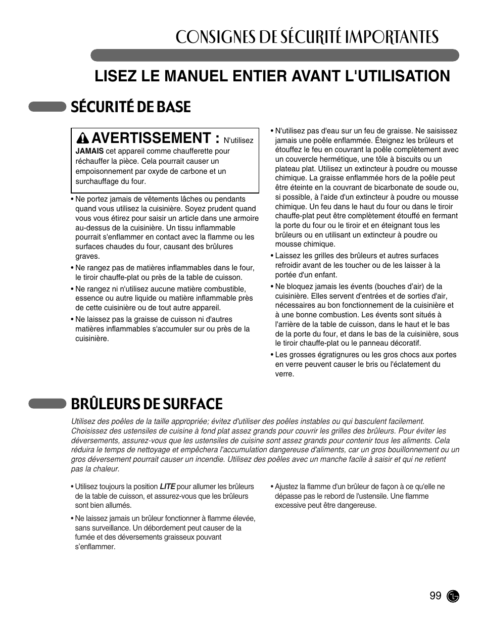 Consignes de sécurité importantes, Lisez le manuel entier avant l'utilisation, Sécurité de base avertissement | Brûleurs de surface | LG LRG30855ST User Manual | Page 99 / 142