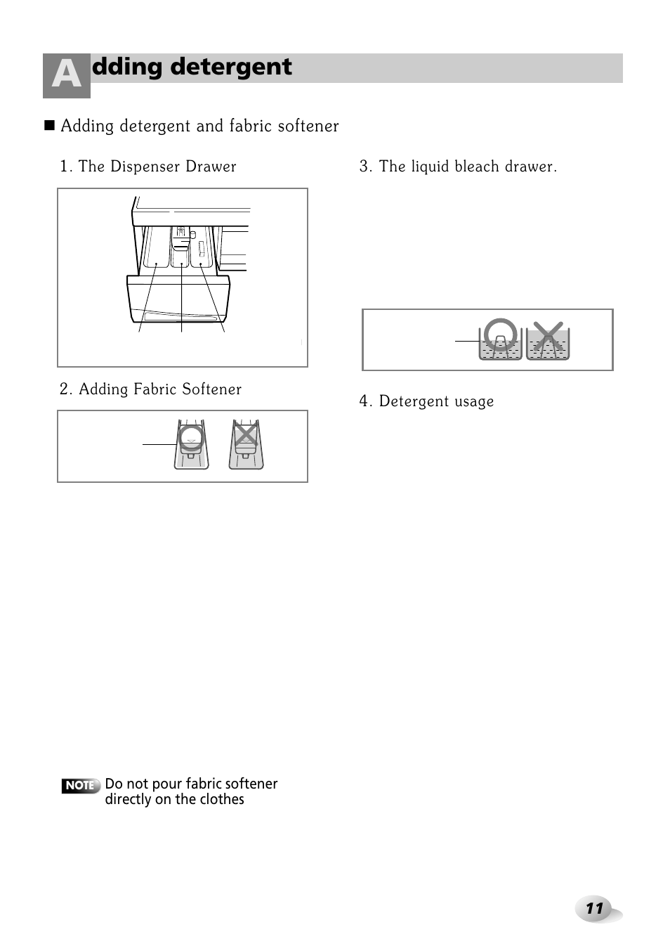 Dding detergent, Adding detergent and fabric softener | LG WD-3243RHD User Manual | Page 11 / 27