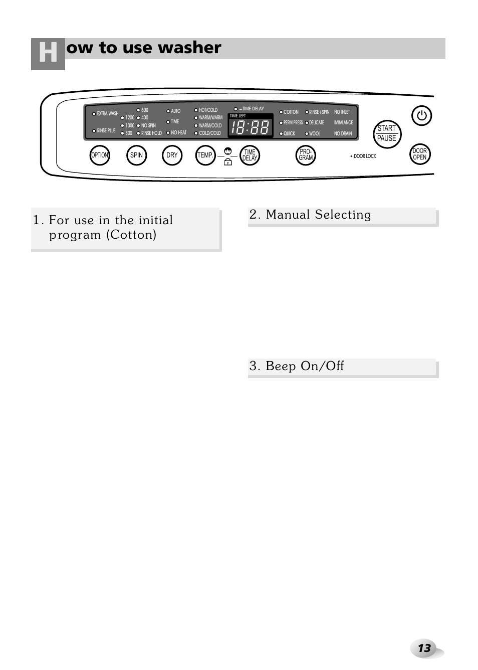 Ow to use washer, Beep on/off | LG WD-3243RHD User Manual | Page 13 / 27