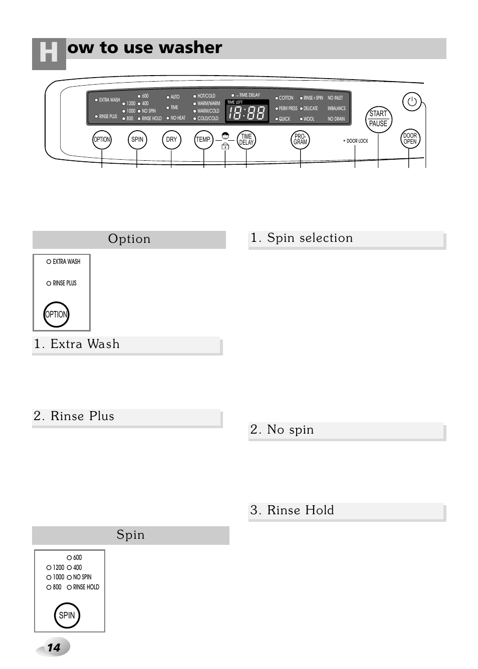 Ow to use washer, Option 2. rinse plus 1. extra wa s h, Spin | Spin selection 2. no spin, Rinse hold | LG WD-3243RHD User Manual | Page 14 / 27