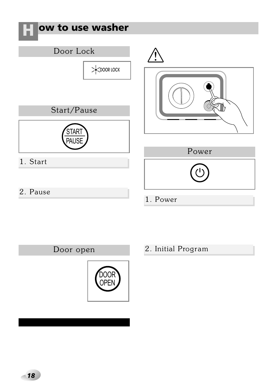 Ow to use washer, Door open | LG WD-3243RHD User Manual | Page 18 / 27