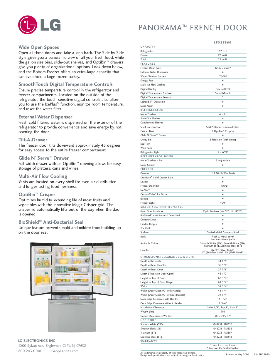 Panorama, French door, Wide open spaces | Smoothtouch digital temperature controls, External water dispenser, Tilt-a-drawer, Glide n' serve, Drawer, Multi-air flow cooling, Optibin | LG LFD25860 User Manual | Page 2 / 2