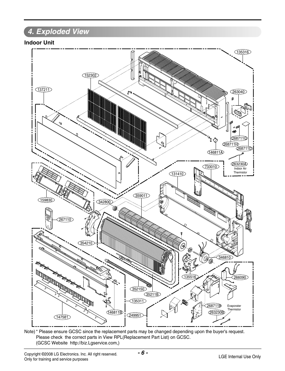 Exploded view, Indoor unit | LG LA125HV User Manual | Page 6 / 8