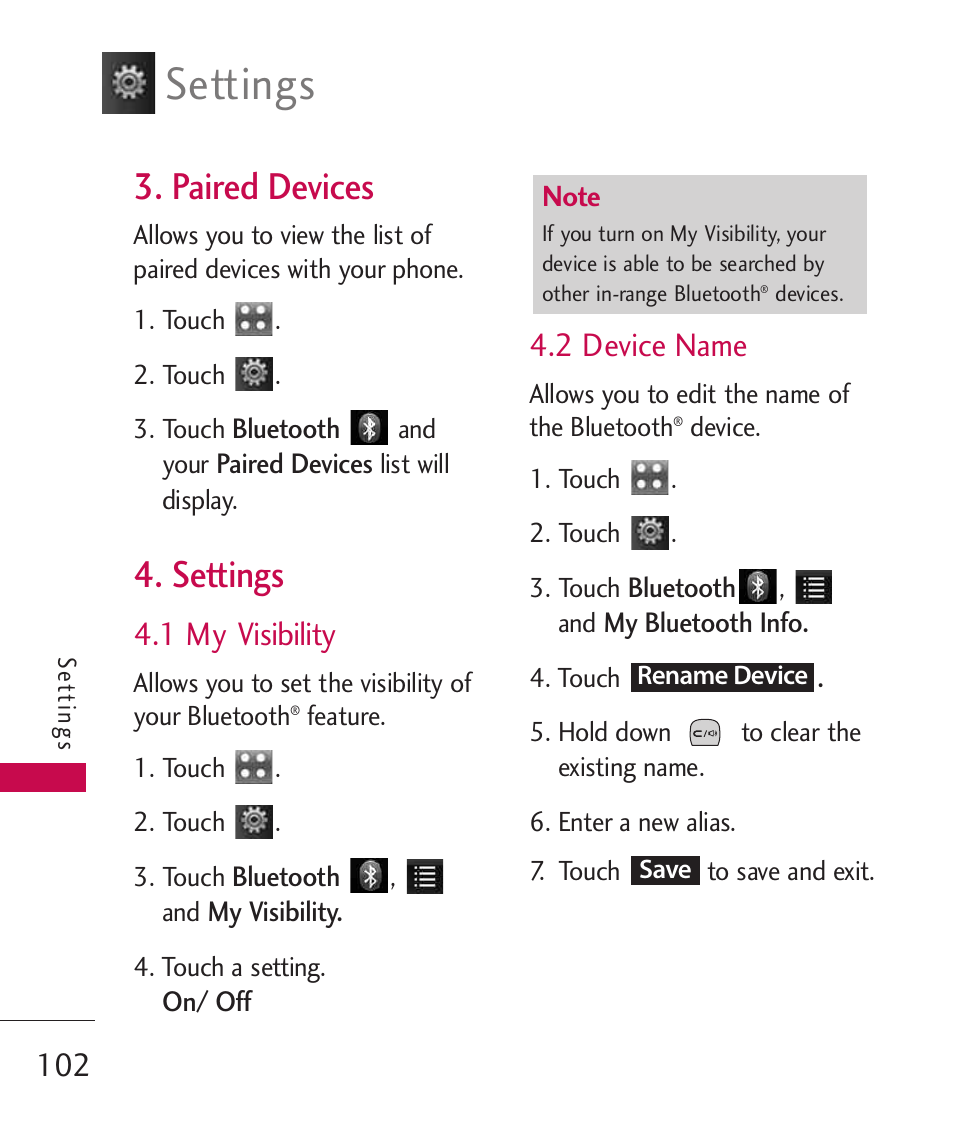 Paired devices, Settings, 1 my visibility | 2 device name | LG Bliss -UX700W User Manual | Page 104 / 297