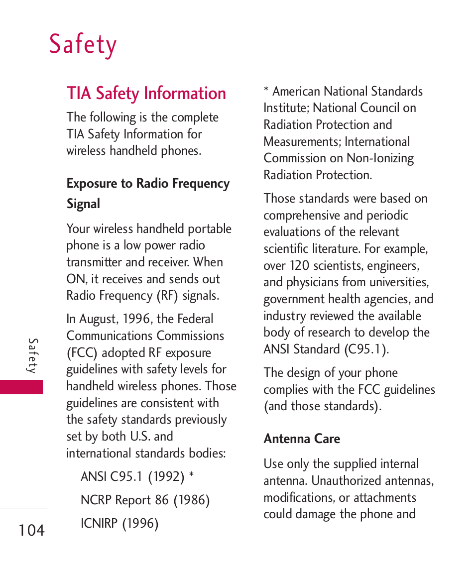 Safety, Tia safety information, Exposure to radio frequency | Antenna care, Exposure to radio frequency signal | LG Bliss -UX700W User Manual | Page 106 / 297