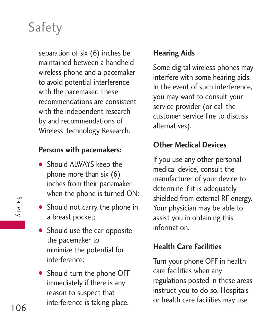 Persons with pacemakers, Hearing aids, Other medical devices | Health care facilities, Safety | LG Bliss -UX700W User Manual | Page 108 / 297