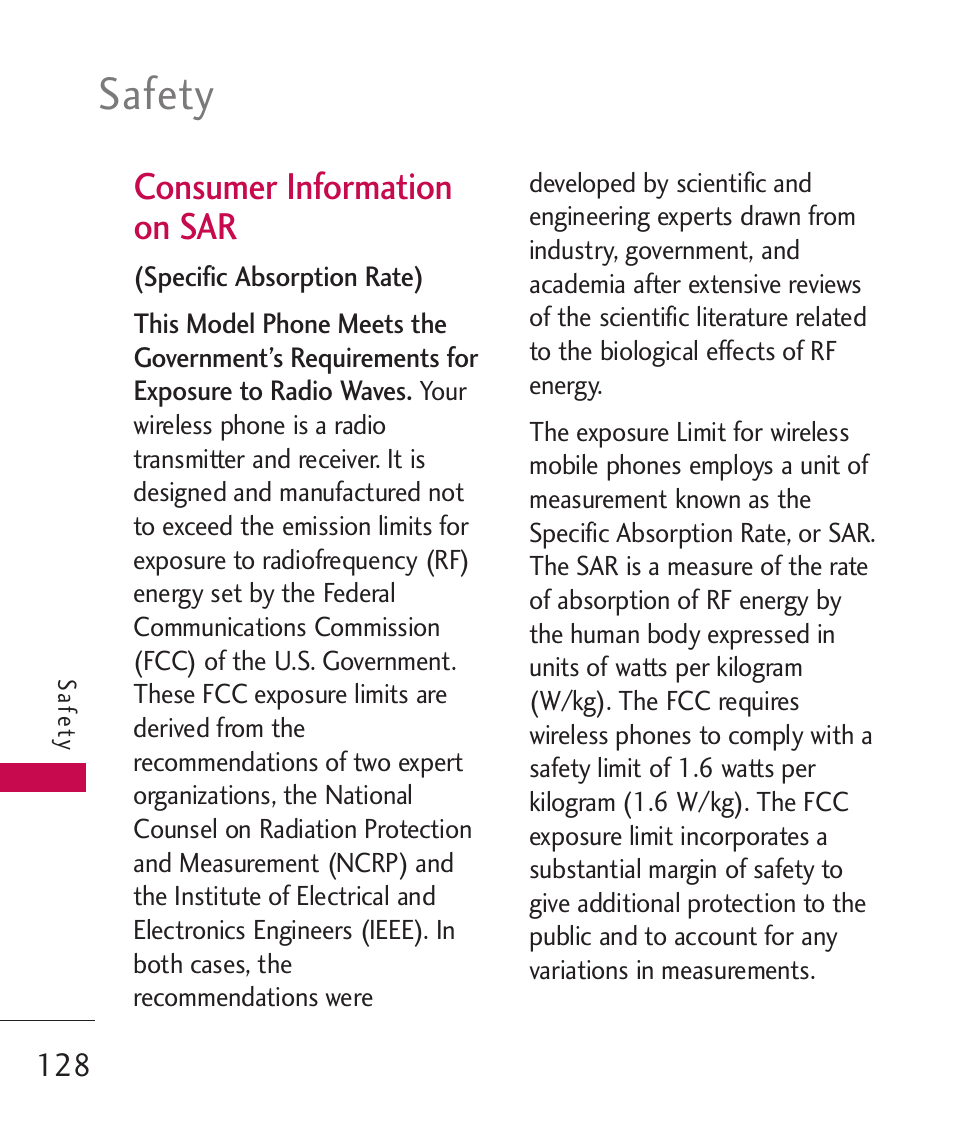 Consumer information on sar, Consumer information on sar, Safety | LG Bliss -UX700W User Manual | Page 130 / 297