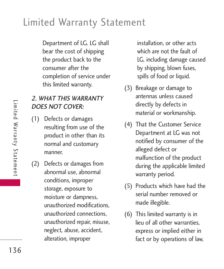 Limited warranty statement | LG Bliss -UX700W User Manual | Page 138 / 297