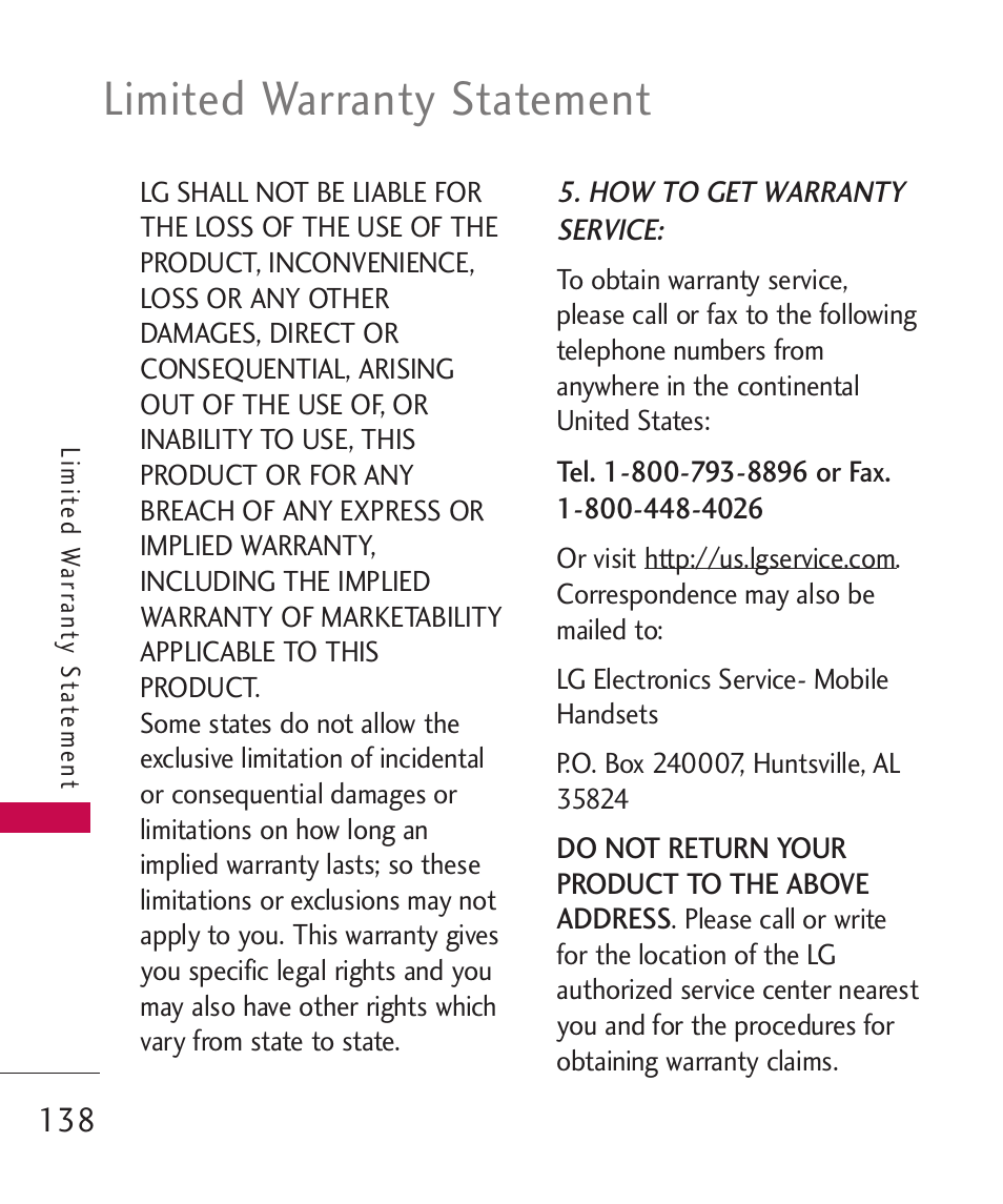 Limited warranty statement | LG Bliss -UX700W User Manual | Page 140 / 297