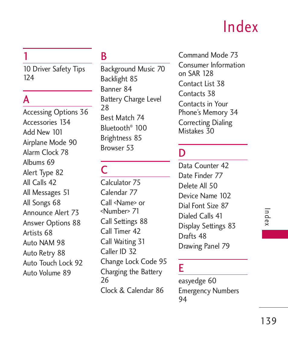 Index | LG Bliss -UX700W User Manual | Page 141 / 297