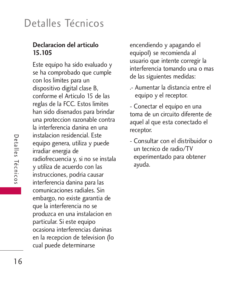 Declaracion del articulo 15.105, Detalles técnicos | LG Bliss -UX700W User Manual | Page 159 / 297