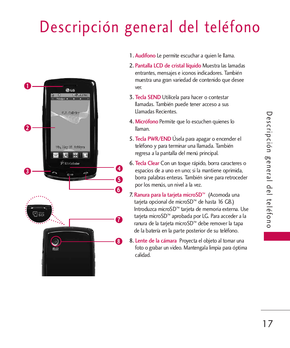 Descripción general del telé, Descripción general del teléfono, De scr ipc ión ge ne ral de lte léf on o | LG Bliss -UX700W User Manual | Page 160 / 297