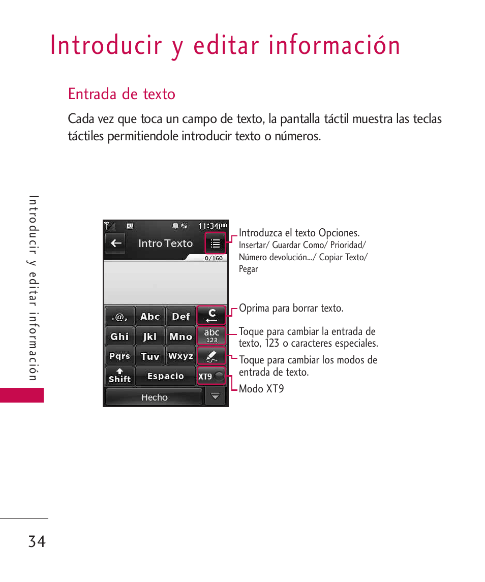 Introducir y editar información, Entrada de texto | LG Bliss -UX700W User Manual | Page 177 / 297