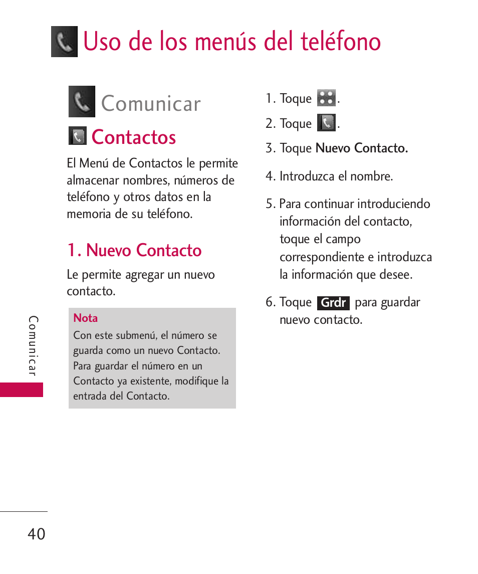 Uso de los menús del teléfono, Contactos, Nuevo contacto | Comunicar | LG Bliss -UX700W User Manual | Page 183 / 297