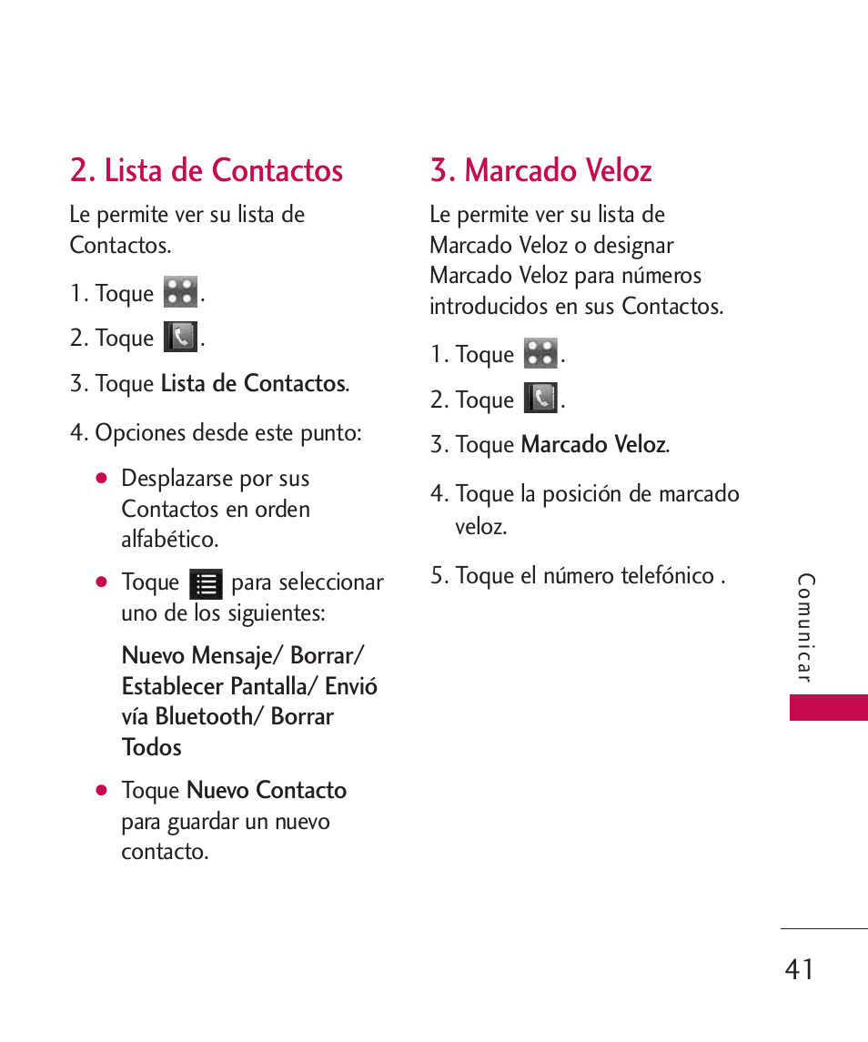 Lista de contactos, Marcado veloz | LG Bliss -UX700W User Manual | Page 184 / 297