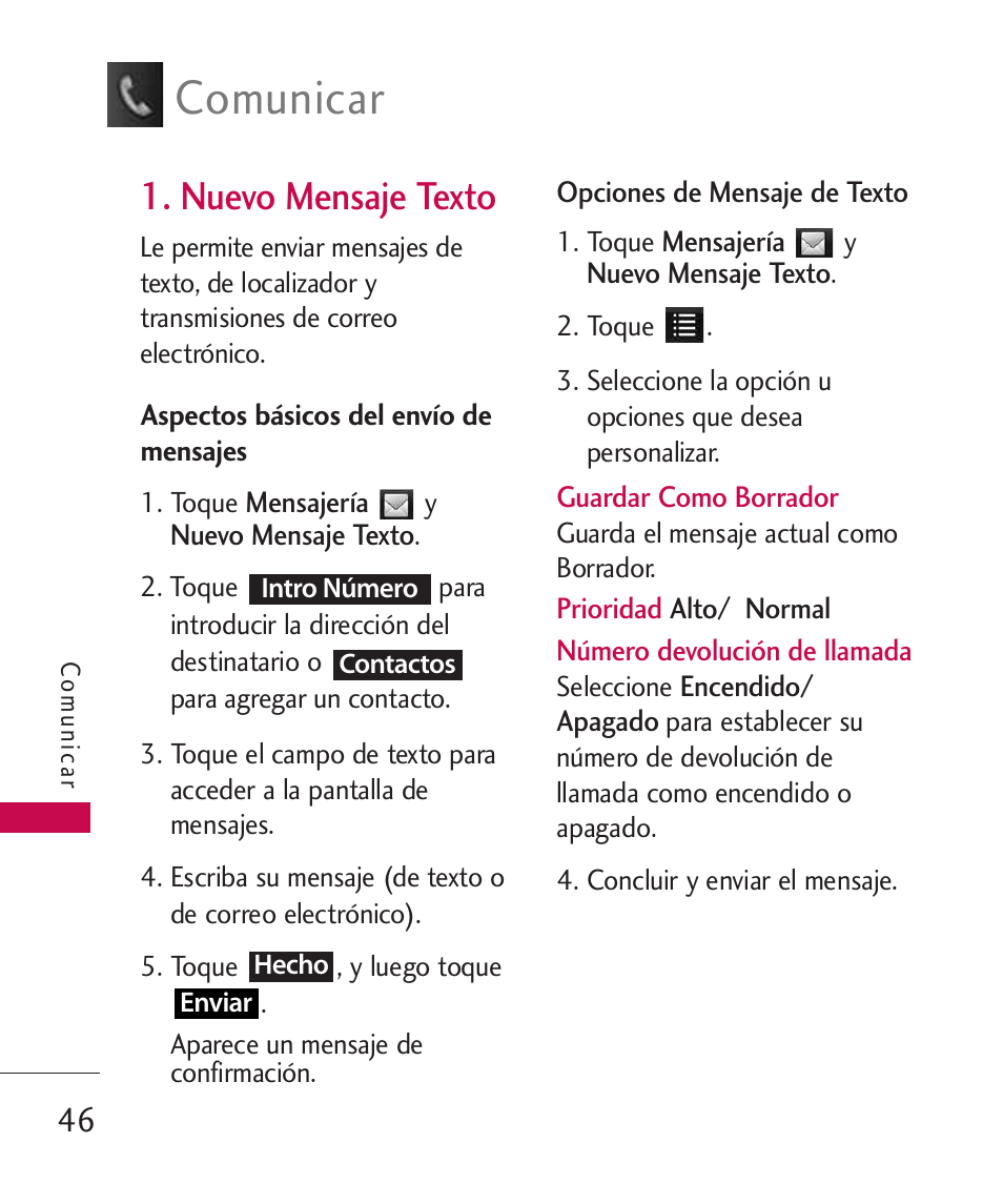 Nuevo mensaje texto, Comunicar | LG Bliss -UX700W User Manual | Page 189 / 297