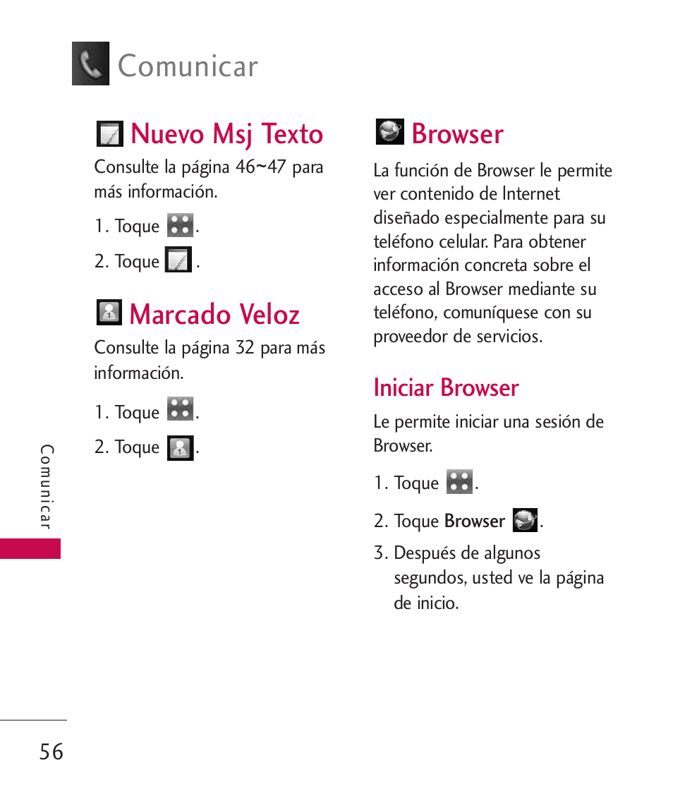 Nuevo msj texto, Marcado veloz, Browser | Comunicar, Iniciar browser | LG Bliss -UX700W User Manual | Page 199 / 297