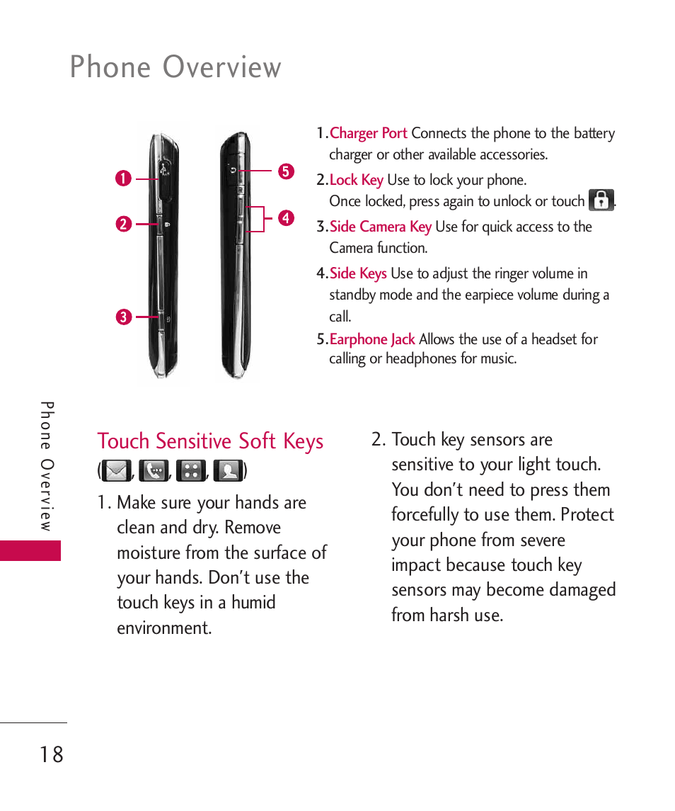 Phone overview, Touch sensitive soft keys | LG Bliss -UX700W User Manual | Page 20 / 297