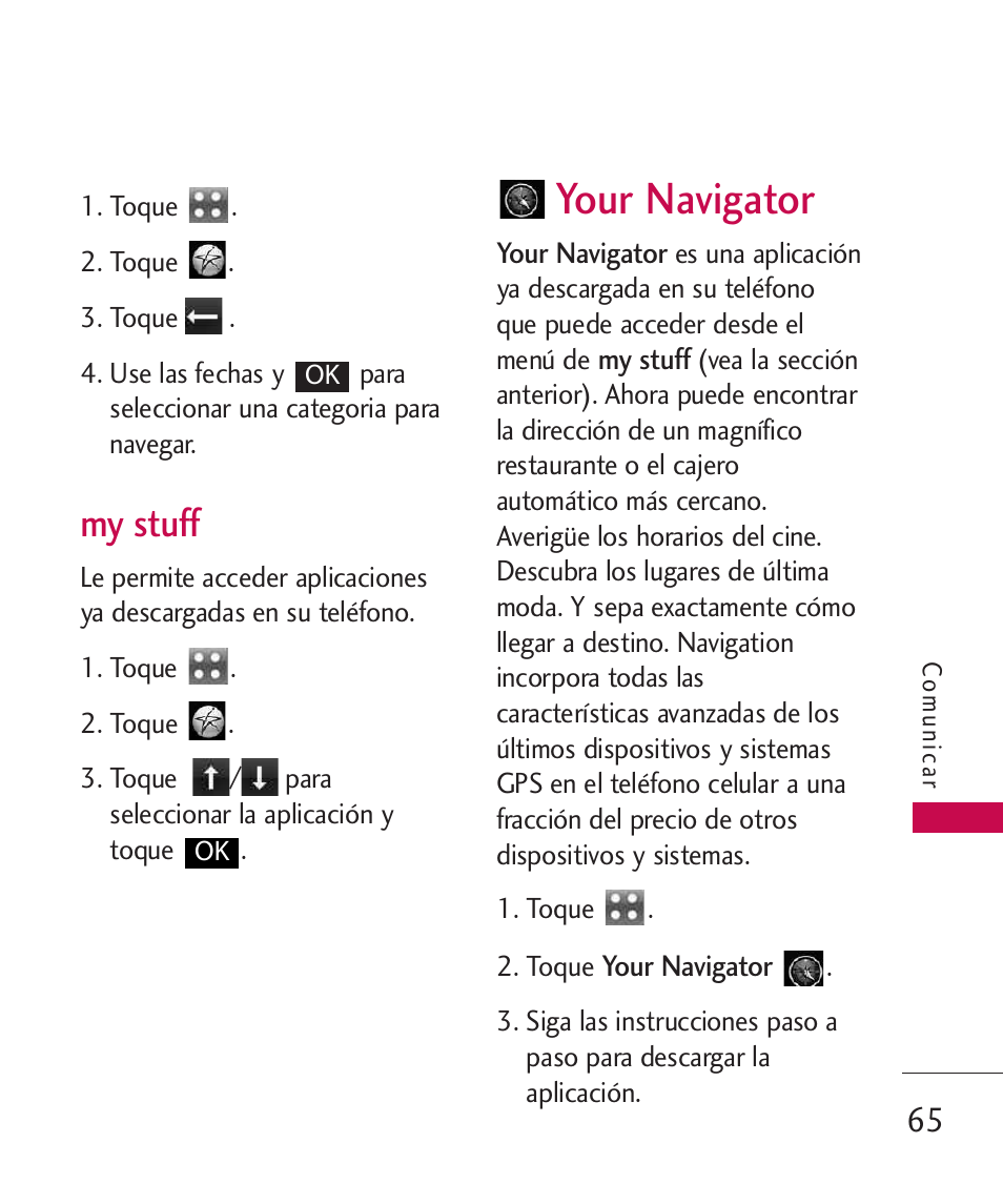 Your navigator, My stuff | LG Bliss -UX700W User Manual | Page 208 / 297