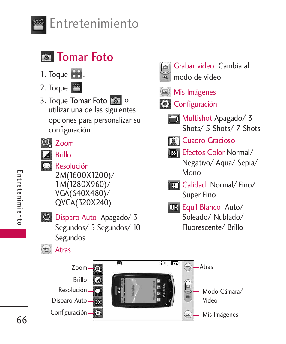 Tomar foto, Entretenimiento | LG Bliss -UX700W User Manual | Page 209 / 297