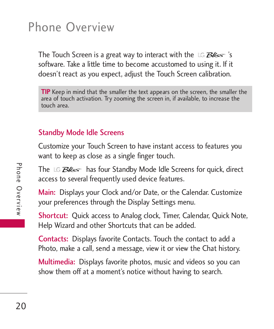 Phone overview | LG Bliss -UX700W User Manual | Page 22 / 297