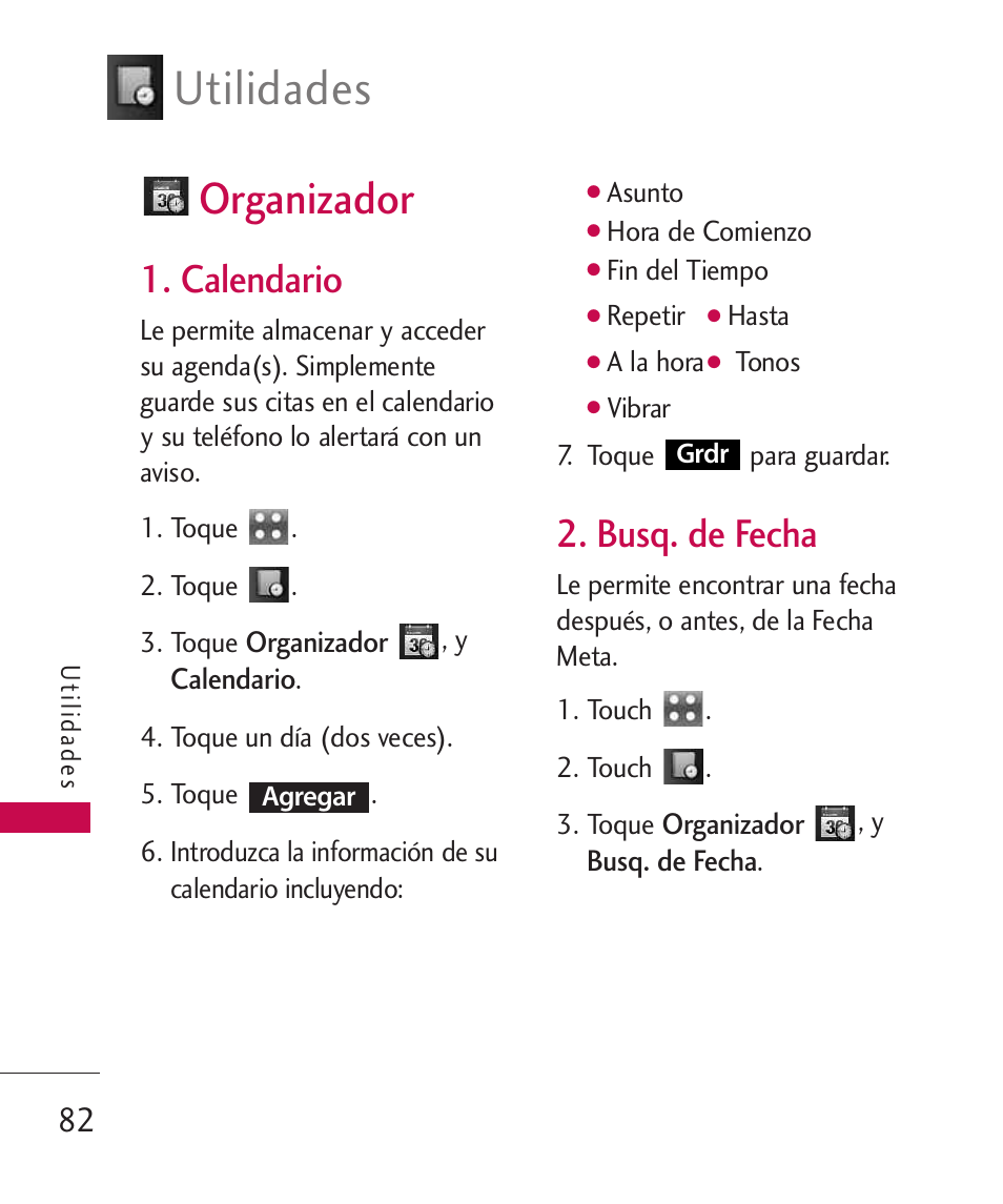 Organizador, Calendario, Busq. de fecha | Utilidades | LG Bliss -UX700W User Manual | Page 225 / 297