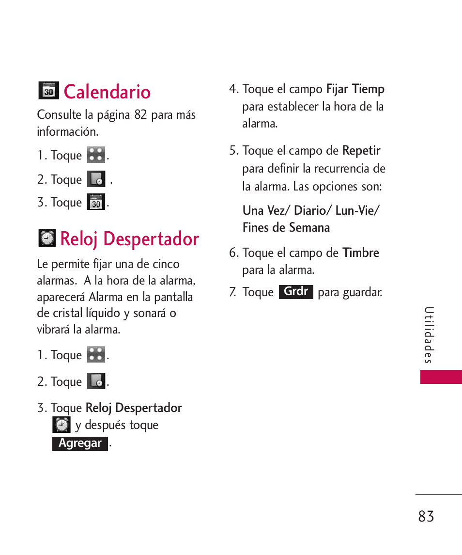 Calendario, Reloj despertador | LG Bliss -UX700W User Manual | Page 226 / 297