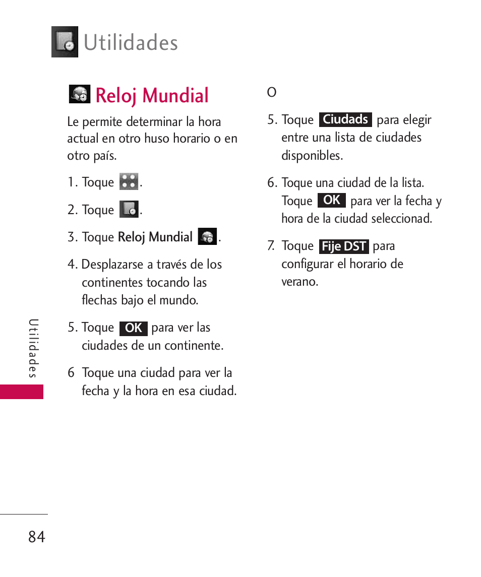 Reloj mundial, Utilidades | LG Bliss -UX700W User Manual | Page 227 / 297