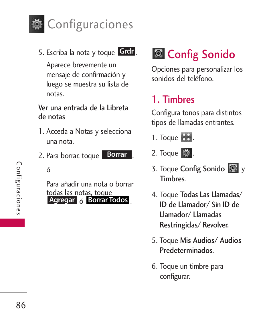 Config sonido, Timbres, Configuraciones | LG Bliss -UX700W User Manual | Page 229 / 297