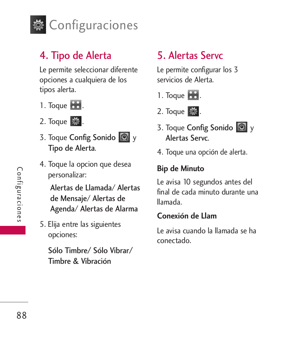 Tipo de alerta, Alertas servc, Configuraciones | LG Bliss -UX700W User Manual | Page 231 / 297