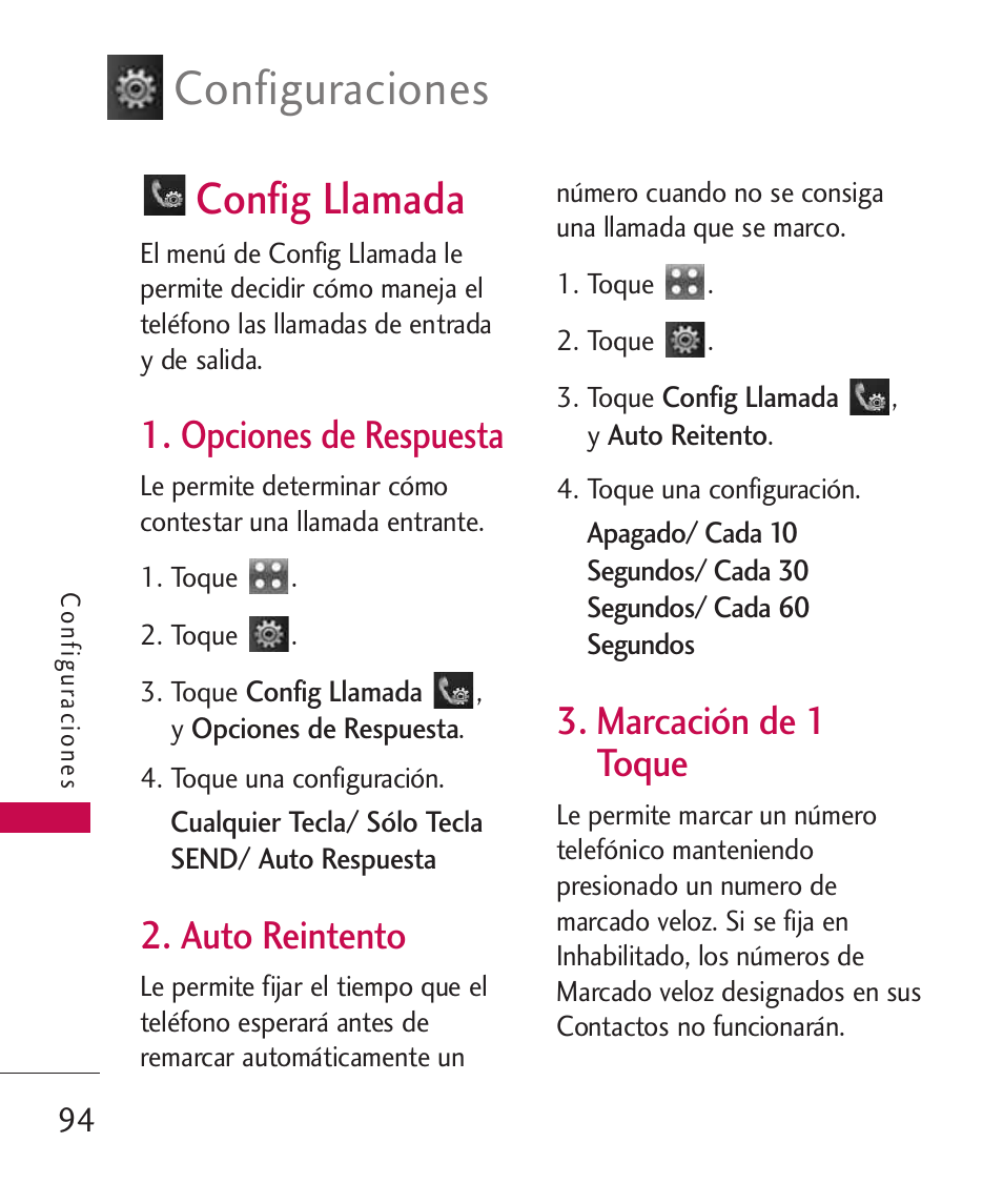 Config llamada, Opciones de respuesta, Auto reintento | Marcación de 1 toque, Configuraciones | LG Bliss -UX700W User Manual | Page 237 / 297