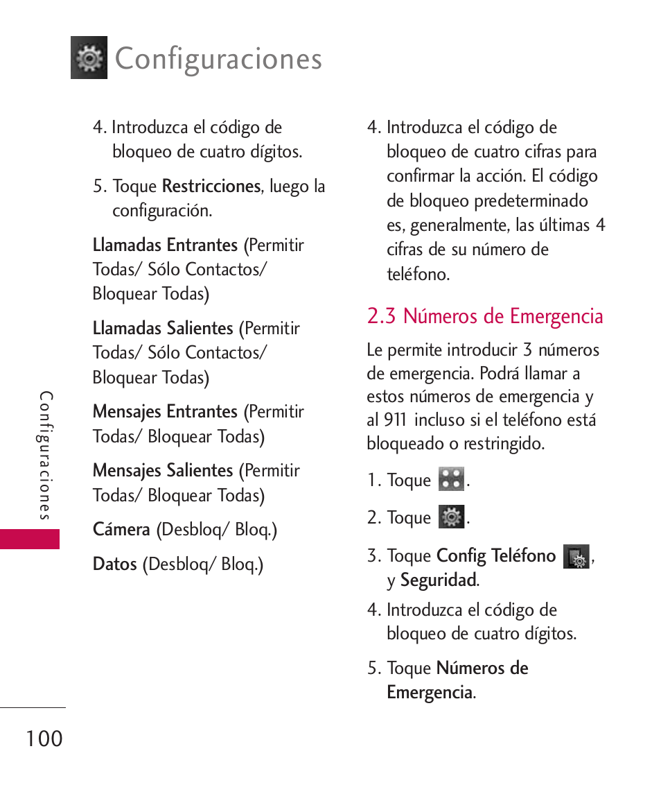 3 números de emergencia, Configuraciones | LG Bliss -UX700W User Manual | Page 243 / 297