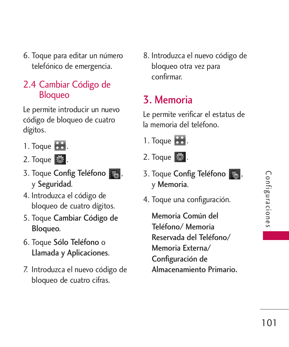 4 cambiar código de bloqueo, Memoria, 4 cambiar código de bloqueo 101 | LG Bliss -UX700W User Manual | Page 244 / 297