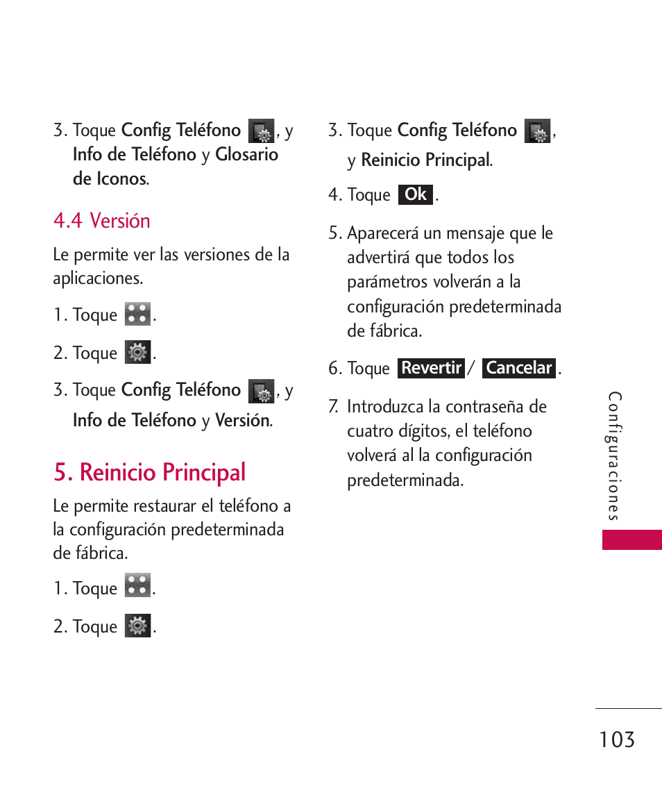 4 versión, Reinicio principal | LG Bliss -UX700W User Manual | Page 246 / 297