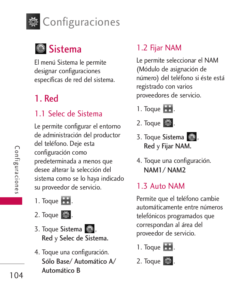 Sistema, 1 selec de sistema, 2 fijar nam | 3 auto nam, Configuraciones | LG Bliss -UX700W User Manual | Page 247 / 297