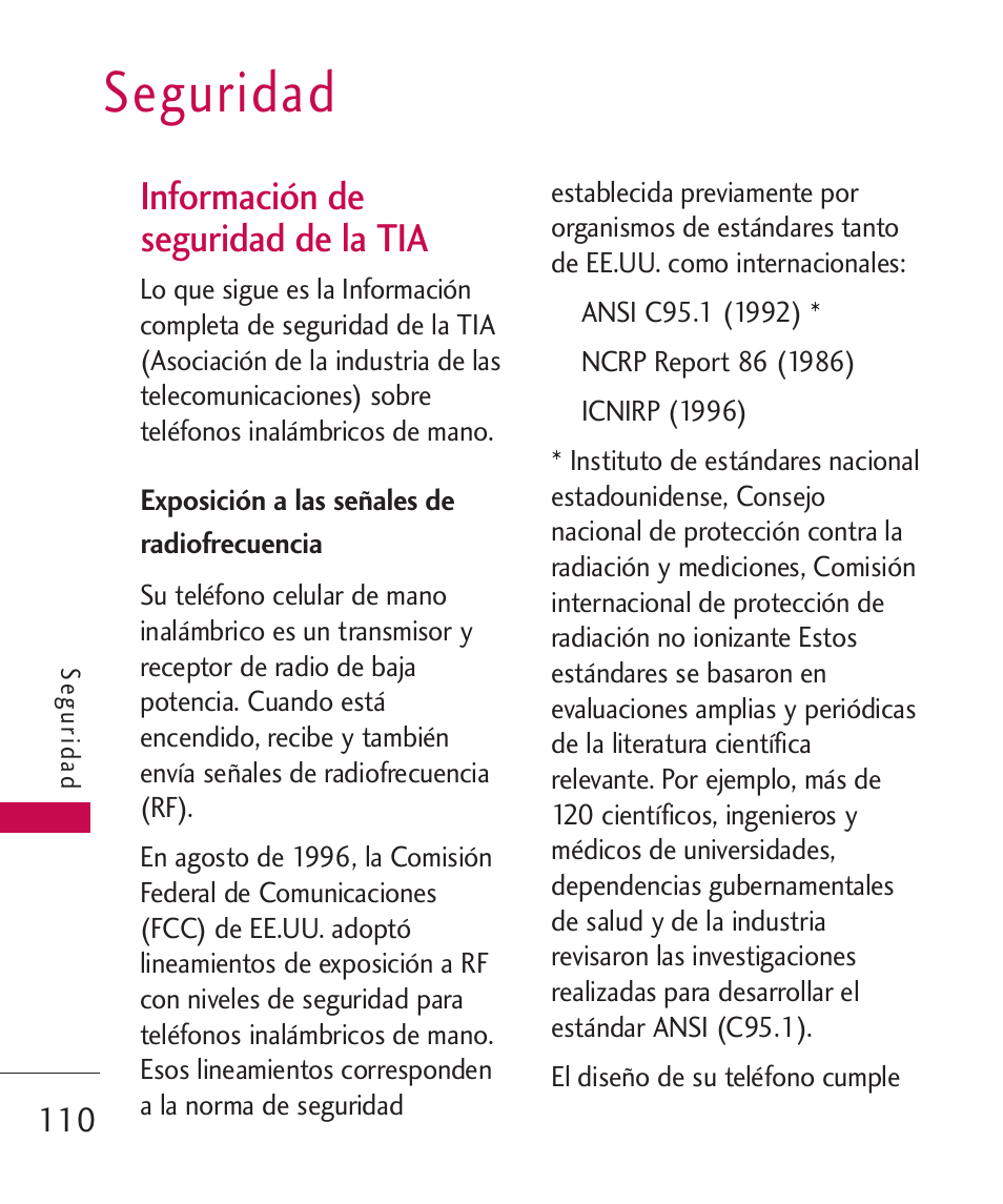 Seguridad, Información de seguridad de, Exposición a las señales de | Información de seguridad de la tia, Exposición a las señales de radiofrecuencia | LG Bliss -UX700W User Manual | Page 253 / 297